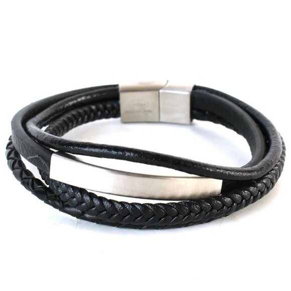 MEN'S LEATHER STAINLESS STEEL 5 LAYERS BRACELET - Picture 1 of 2